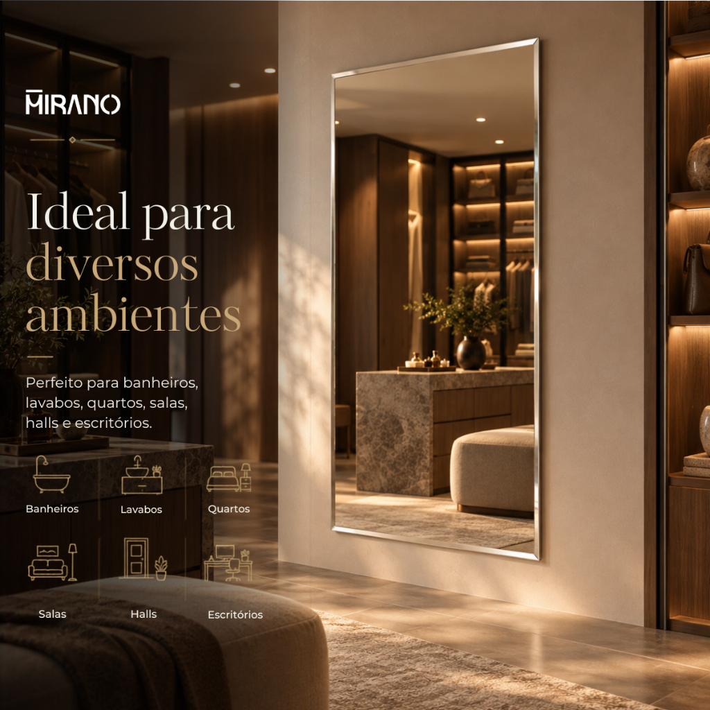 Espelho Mirano Paris 100x40cm Bisotê Grande Moderno Banheiro Lavabo Quarto Parede Decorativo Luxo