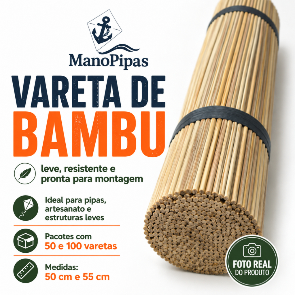Kit de Vareta Bambu para Pipa /Flechinha/ Raia de 42/45/48/50/55cm com 50/100unds bitola 3,3 a 4mm