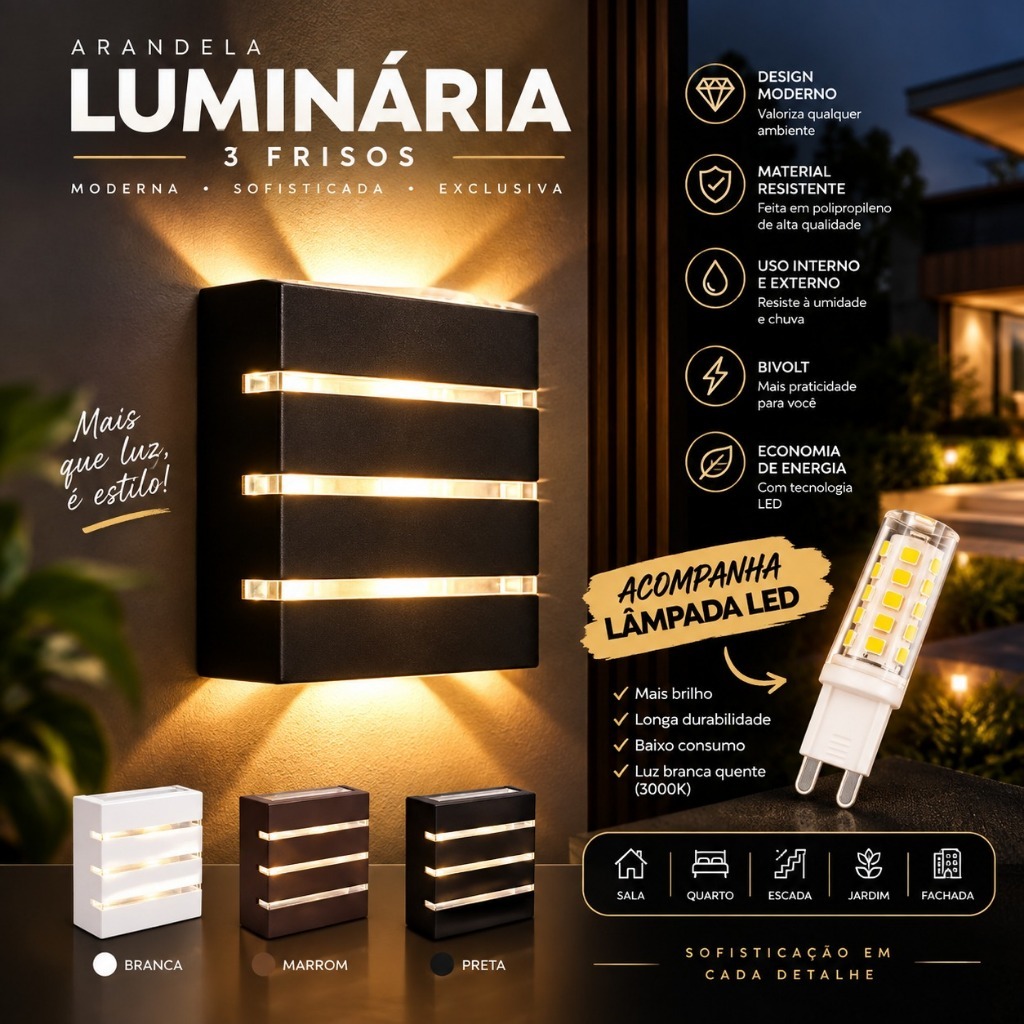 KIT 6 Arandela de Parede Luminária 3 Frisos Externa Interna 2 Fachos Bivolt Moderna Slim Fachada Led