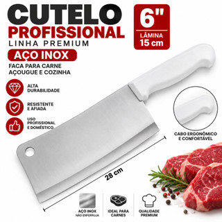 Cutelo Profissional 6" Aço Inox 28cm Linha Premium Faca para Carne Açougue Cozinha