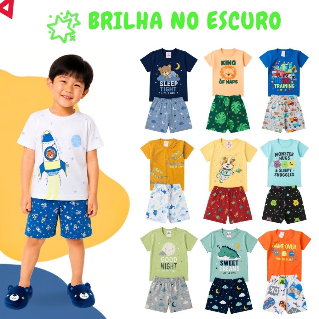 Kit 2 Peças Pijama Infantil Brilha No Escuro Menino Verão Roupa Infantil Masculino