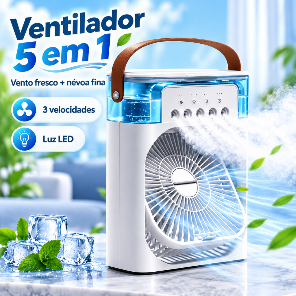Ventilador Climatizador Umidificador Portátil 5 em 1 com Névoa 5 Saídas 3 Velocidades LED Reservatório de Água USB TipoC