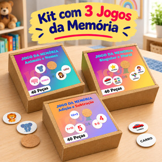 Kit 3 Jogos da Memória Educativo Brinquedo Pedagógico MDF Infantil Aprendizado Criança
