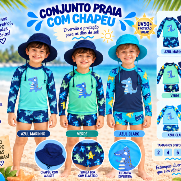 Conjunto Praia Menino UV50+ Camiseta Manga Longa Sunga Box e Chapéu Dinossauro