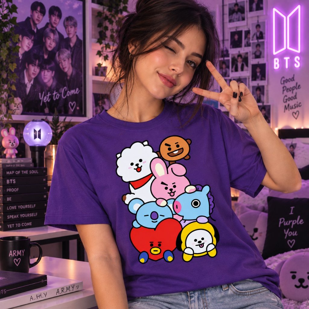 Camiseta Personalizada BTS BT21 Kawaii K-Pop Army Personagens Anime Coreano Camisa Unissex Estampada Moda Geek Presente