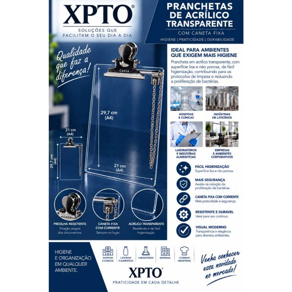 PRANCHETA TRANSPARENTE COM CANETA FIXA