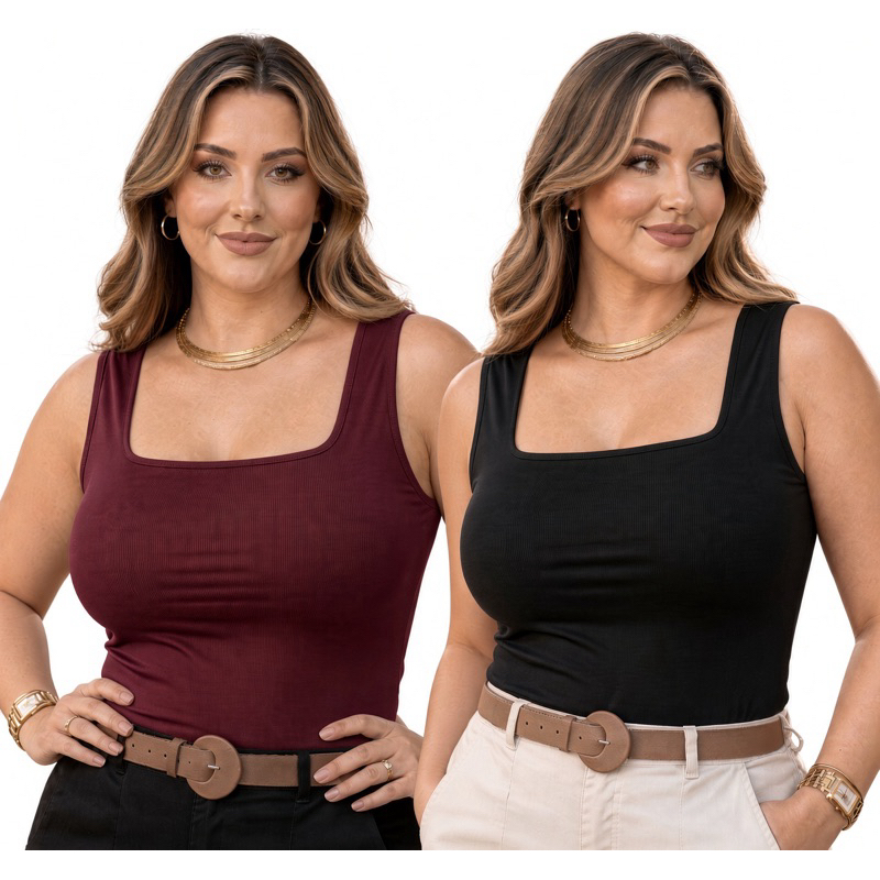 Blusa Regata Plus Size Feminina Elegante Gola Quadrada Body G1 G2 G3 Tendencia Estilosa Alça Larga Moderna Básica
