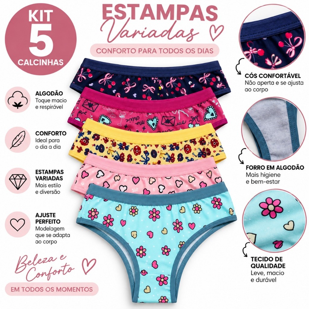 Kit Calcinha Infantil Menina Estampada Confortável Tamanho Único 2 a 4 Anos
