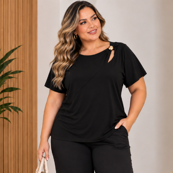 Blusa Plus Size Solta e Fluida - Elegância Sofisticada Detalhe Gota com Joia  4377