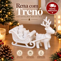 Rena com Trenó Natalino Decoração de Natal Miniatura com Presentes Enfeite para Mesa Sala Árvore Ornamento Papai Noel