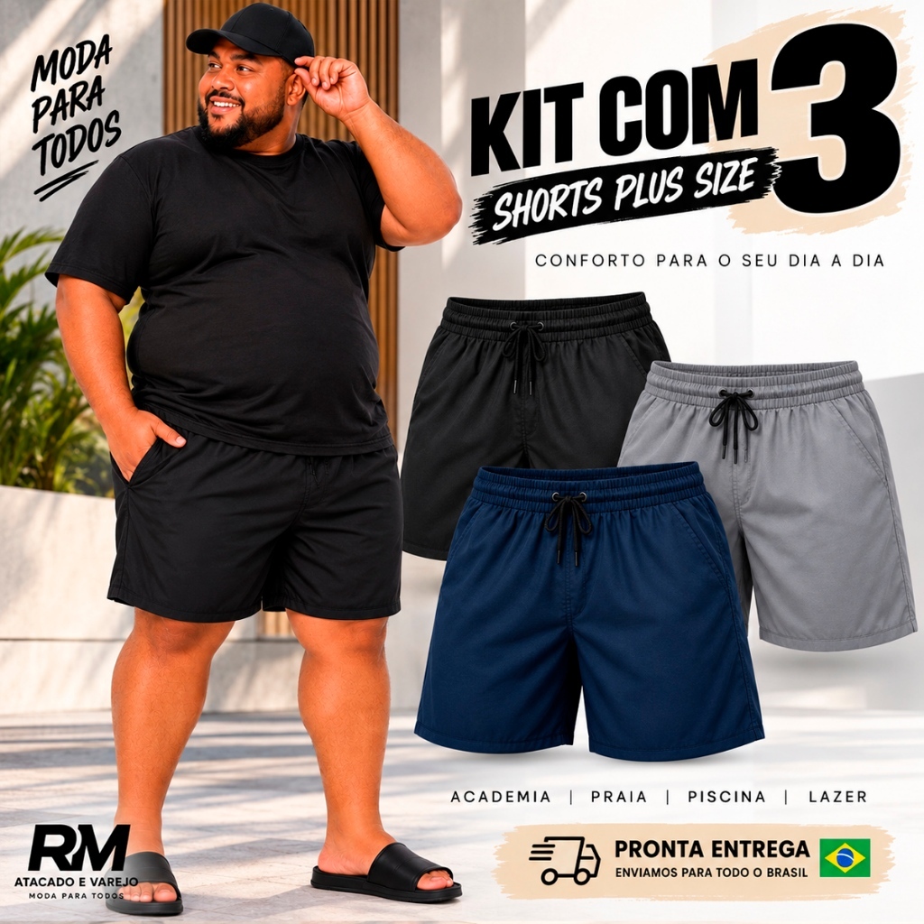 Kit 3 Bermudas Masculina Plus Size Conforto Elastano G1 G2 G3 G4 Short