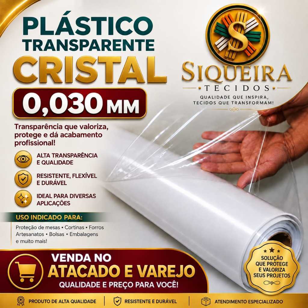 PLÁSTICO CRISTAL TRANSPARENTE 0,030 MM (VENDA A PARTIR DE 50 CM X 1,40 MT LARGURA ) Forro para Mesa e decoração e, geral