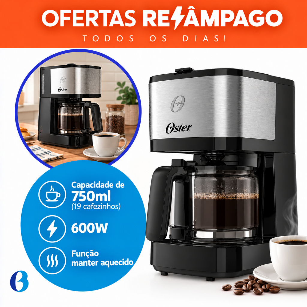 Cafeteira Elétrica Oster 600W 750ml OCAF300 – 19 Cafezinhos, Jarra de Vidro e Manter Aquecido 127v