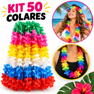 Kit Colar Havaiano Flor Carnaval Flores Coloridas para Luau Festas Fantasia Adereço de Pescoço