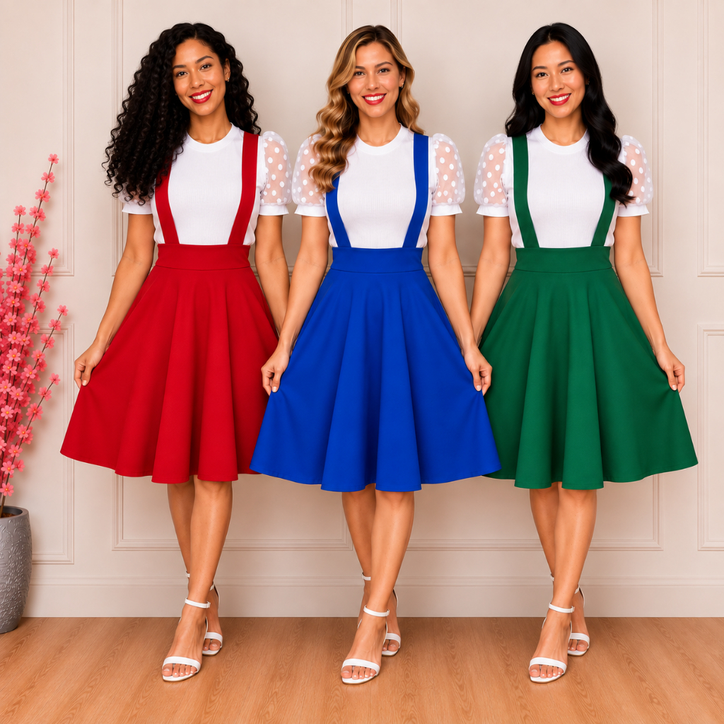 Salopete Adulta SOB ENCOMENDA!! Godê Saia Rodada com Suspensório Vestido Feminino Midi Moda Evangélica