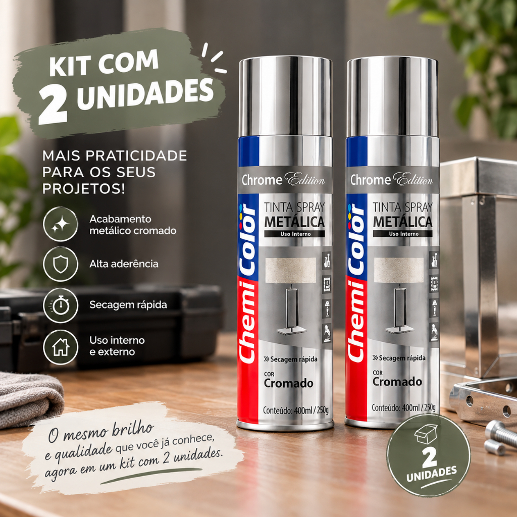 Kit c/2 Tinta Spray Chemicolor Metálica Cromado 400ml