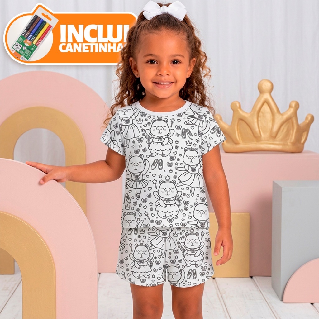 Pijama de Colorir + Canetinhas Bebê Menina Curto Bobbie Goods Capy Dançarina