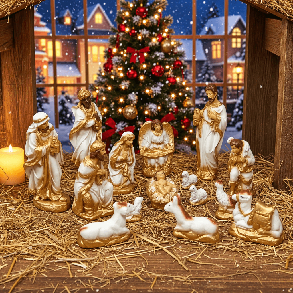 Presépio de Natal 15 Peças 20x8cm Gesso com Pó de Mármore Menino Jesus