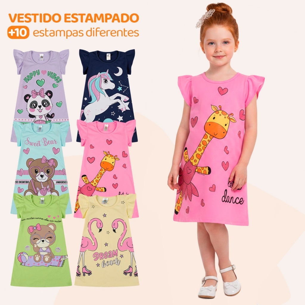 Kit 3 Vestido Infantil Menina Verão Estampados 100% Algodão com Mangas Franzidas - Kit Sortido Tamanhos 1 ao 10
