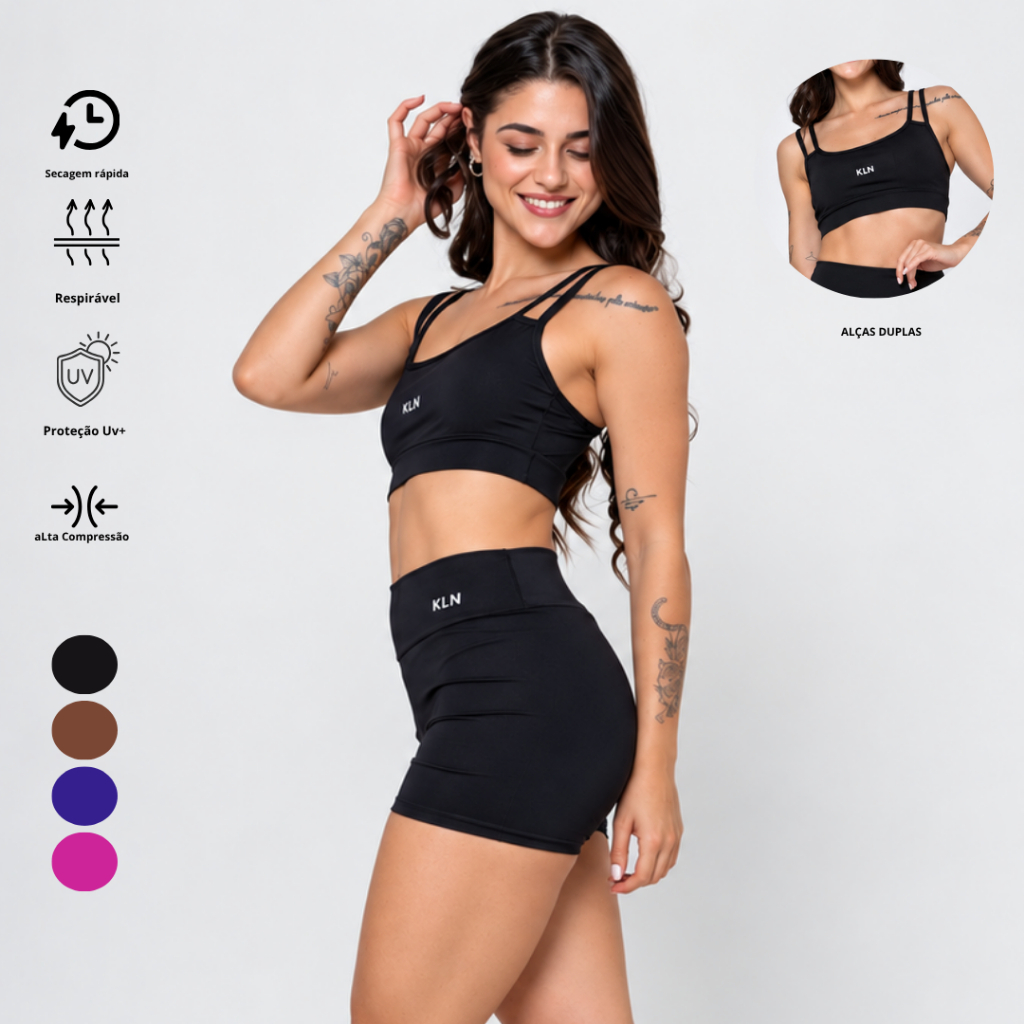 Conjunto Fitness Feminino Short Cintura Alta Compressão Top Alça Fina Duplo Corrida ZERO TRANSPARÊNCIA KLN