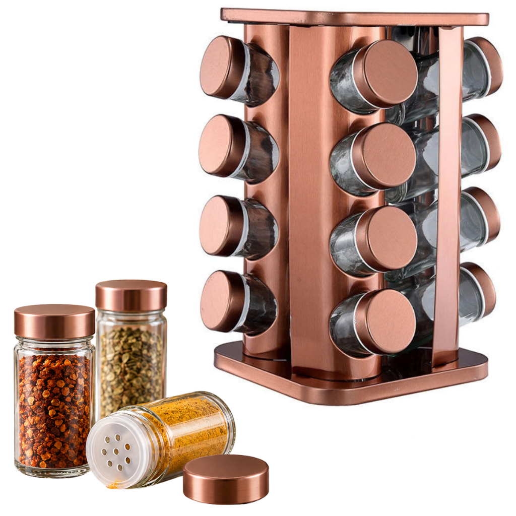 Porta Temperos Condimento Organizador Torre 16 Frascos Potes de Vidro Suporte 360 Giratório Aço Inox Rose Metal