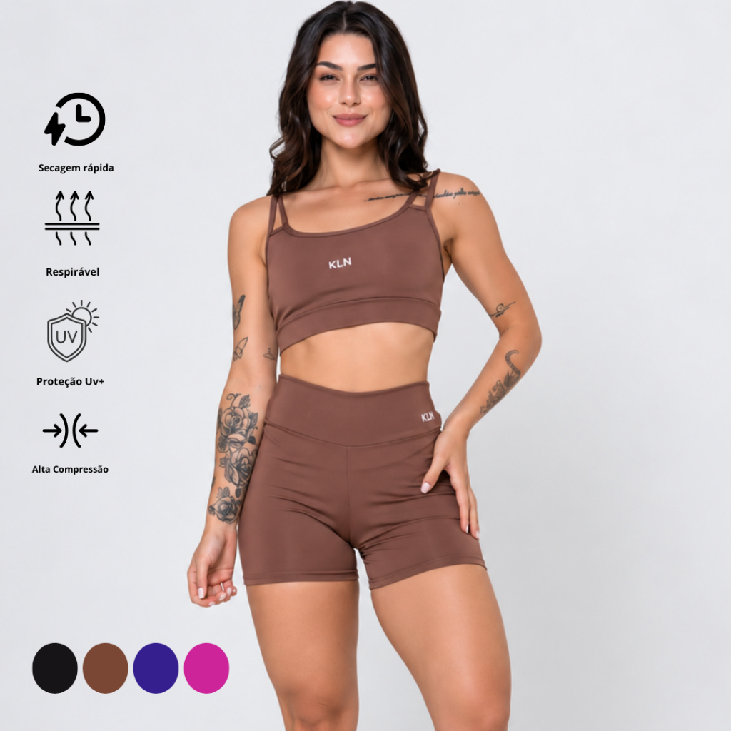Conjunto Academia Feminino Short Cintura Alta Compressão Top Alcinha Duplo Fitness Sustentação KLN