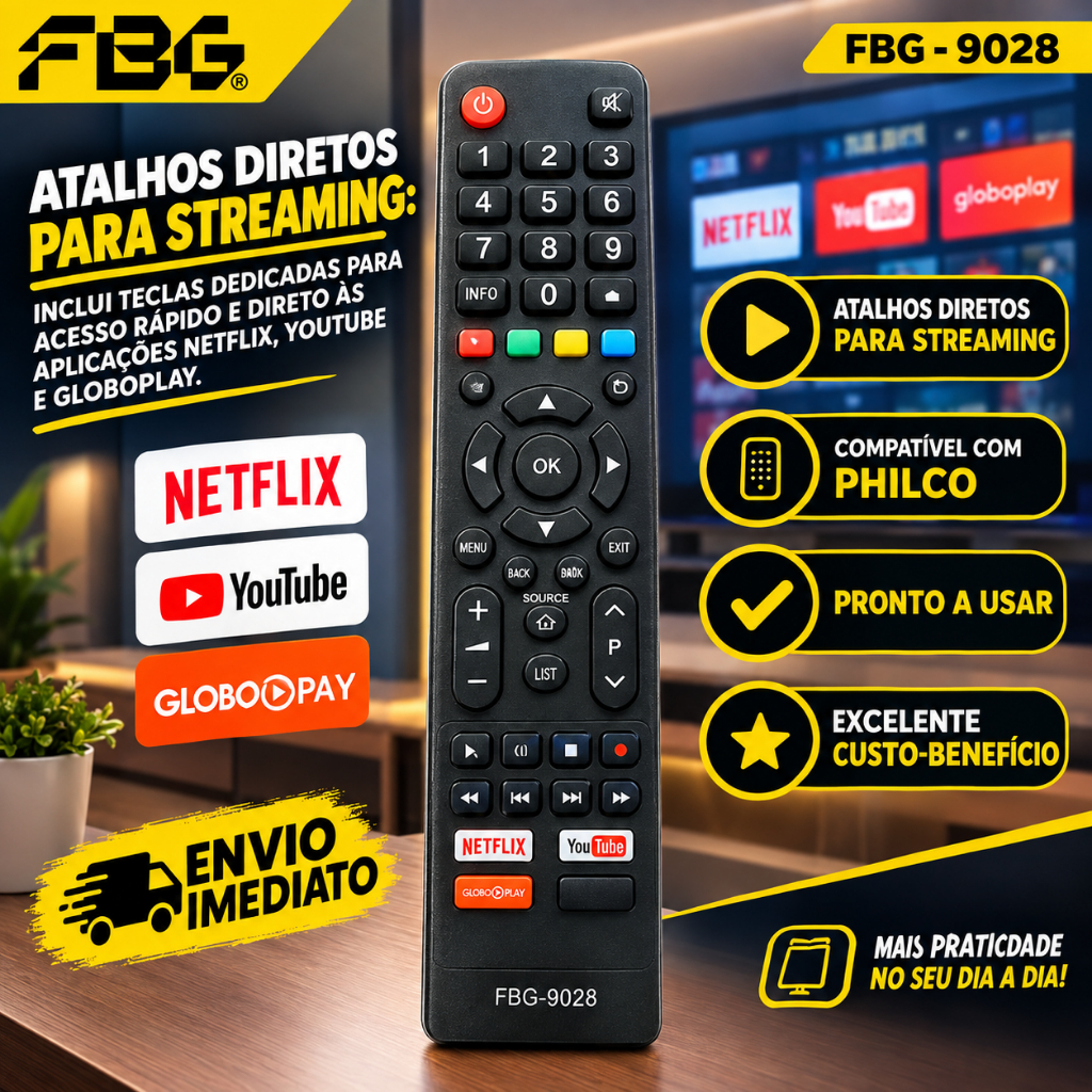9028 CONTROLE SMART COMPATÍVEL C/ PHILCO NETFLIX/YOUT/GLOBOPLAY