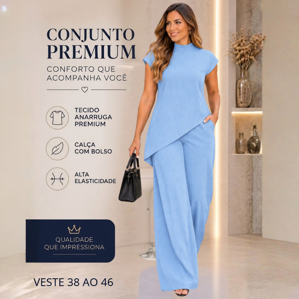 Conjunto Feminino Blusa Alongada Assimétrica e Calça Pantalona Ana Ruga Premium Elegante Aesthetic Trend Feminina