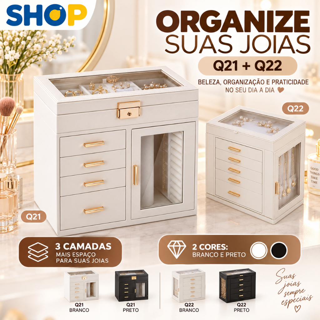 Porta-jóias em couro com 3 camadas para organizar relógio, anéis e brincos-Q21/Q22