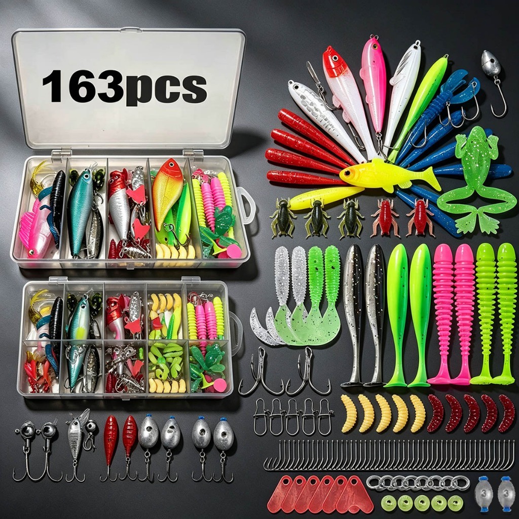 Kit 163/133/107 Peças Iscas Artificiais Pesca Iscas Macias Rã Lagosta Popper Minnow para Tilápia Água Doce e Salgada