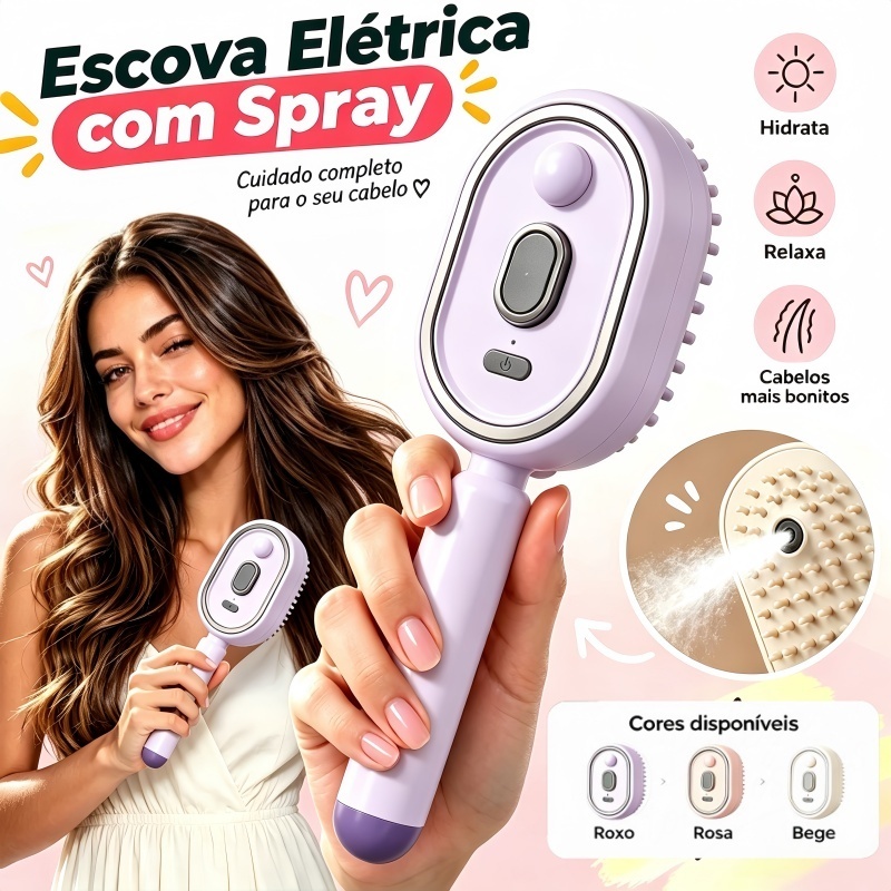 Escova Elétrica Pente Massageadora 4em1 Massagem Couro Cabeludo Spray Óleo Luz Vermelha Portátil Recarga USB