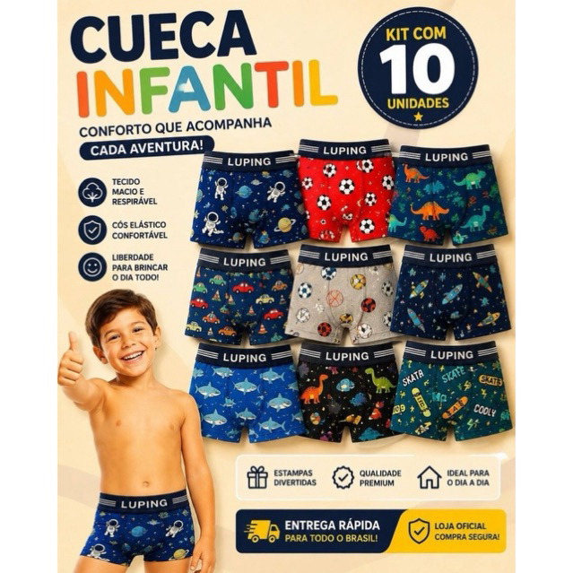 Kit 5 ou 10 Cuecas Boxer KIDS MENINO Lisas e Estampadinhas Super Confortável