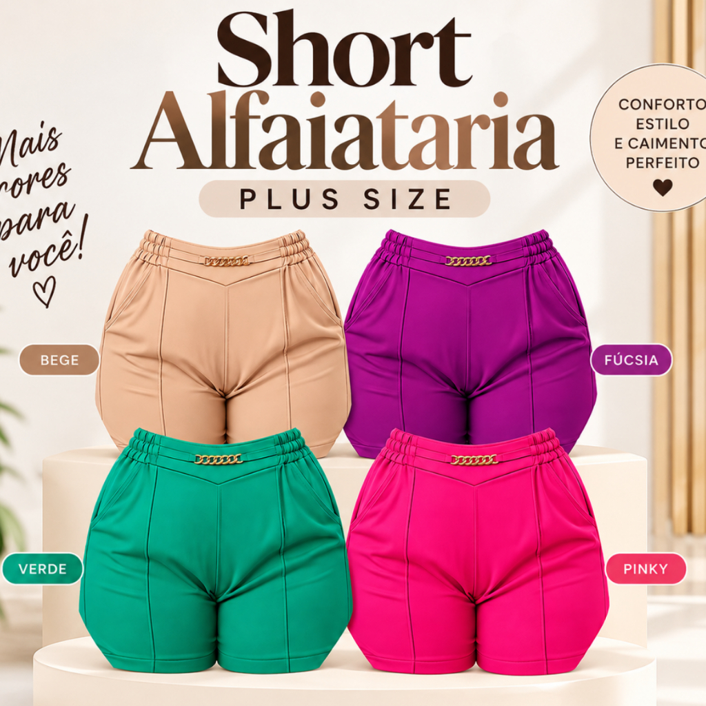 Short Alfaiataria Feminino Plus Size Social Elegante Versátil Dia a Dia Cós Elástico Verão G1 Ao G4