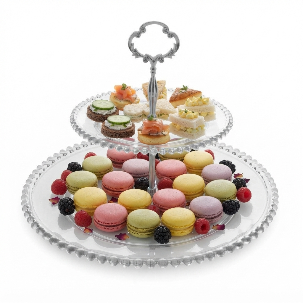 Prato Duplo para Doces Wolff Pearl de Cristal 32cm x 25cm Mesa Sobremesas Requintado Sofisticado Aniversário Confeitaria