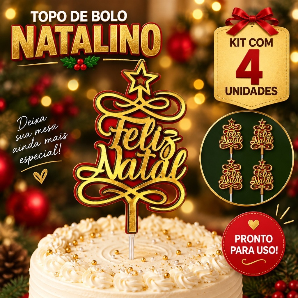 Kit 4 Topos de Bolo de Feliz Natal - Enfeites de Natal - Decoração de Natal - Decoração Bolo - Natal - Feliz Natal Decor