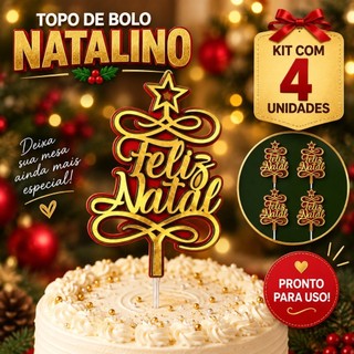 Kit 4 Topos de Bolo de Feliz Natal - Enfeites de Natal - Decoração de Natal - Decoração Bolo - Natal - Feliz Natal Decor