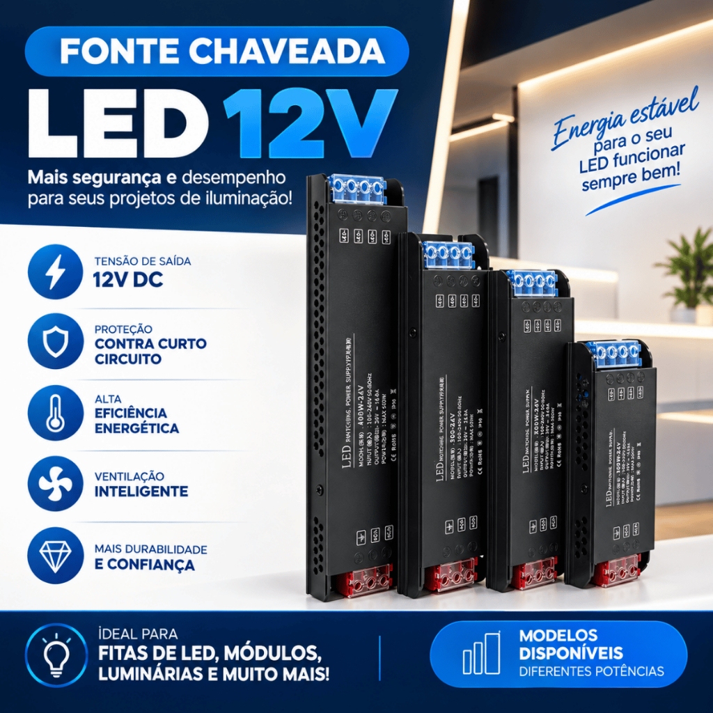 Fonte Chaveada Slim Fita Led Compacta Luminária 600w 12V 5A 10A 20A 30A 50A Energia Bivolt