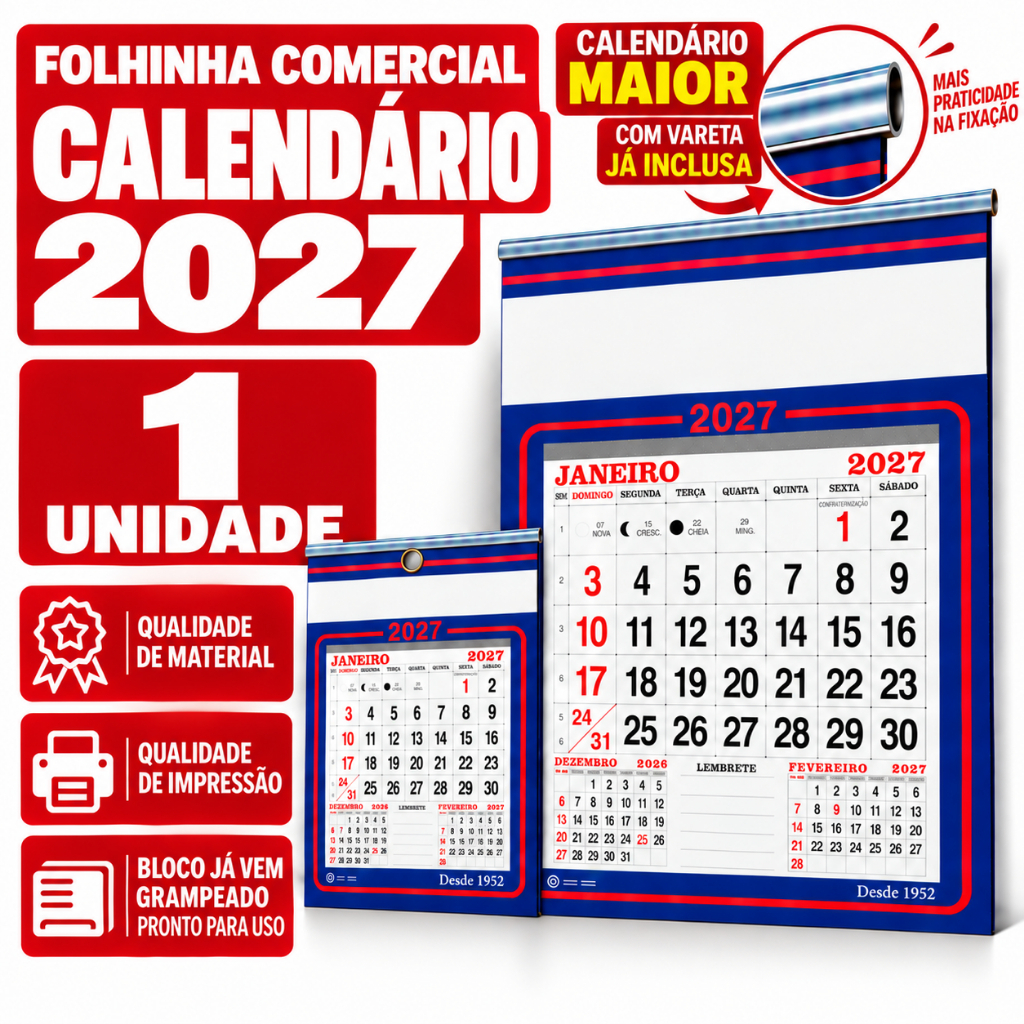 Calendário Comercial de Parede Liso 2027 27x38cm ou 27,5x18cm