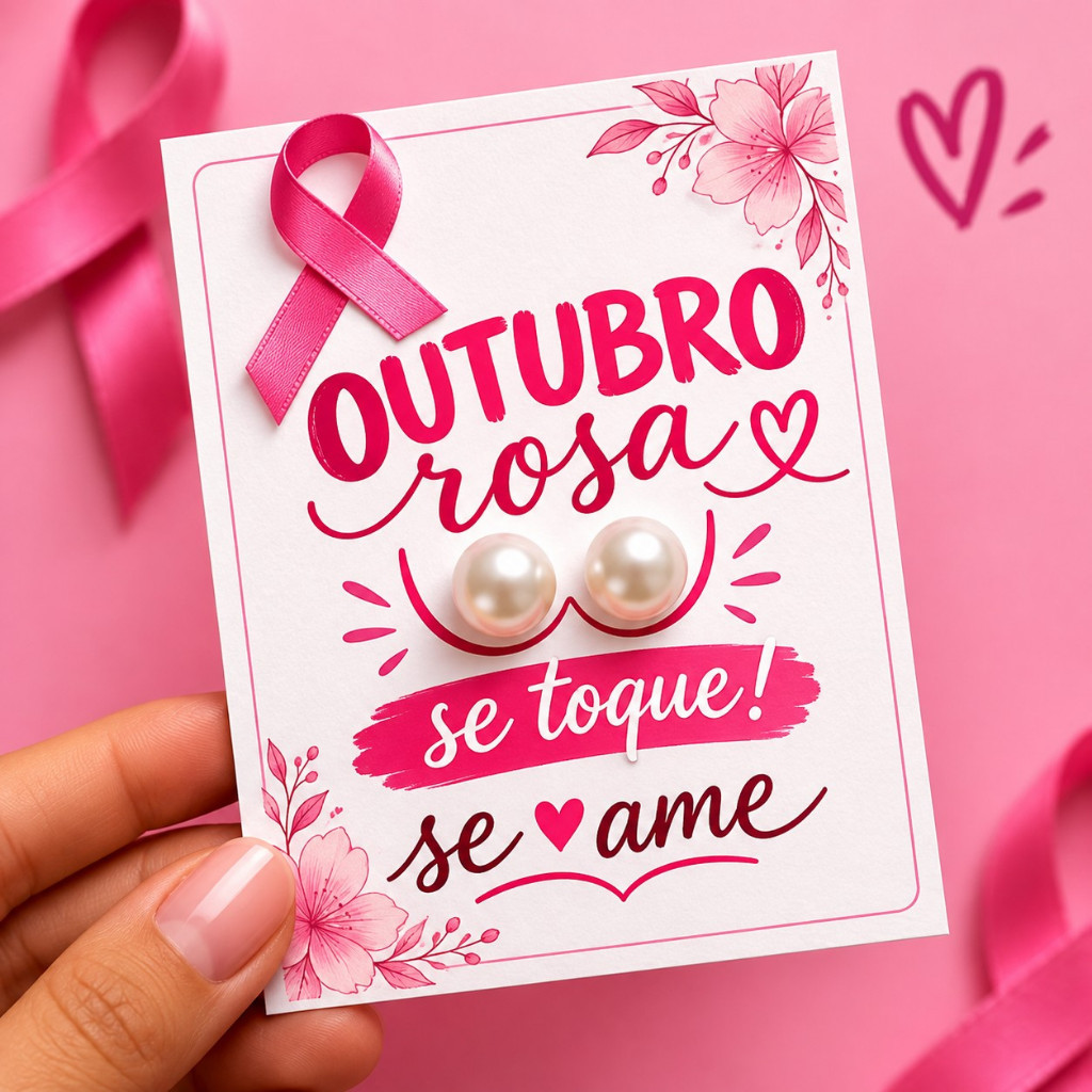 50 Pares de Brinco pérola com tag de outubro Rosa