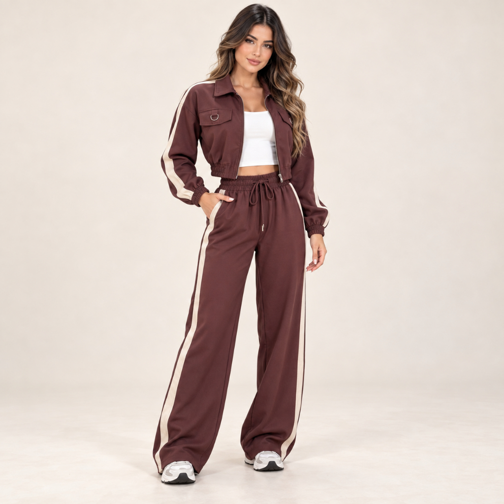 Conjunto Feminino Jaqueta Manga Longa e Calça Pantalona Bicolor Elegante