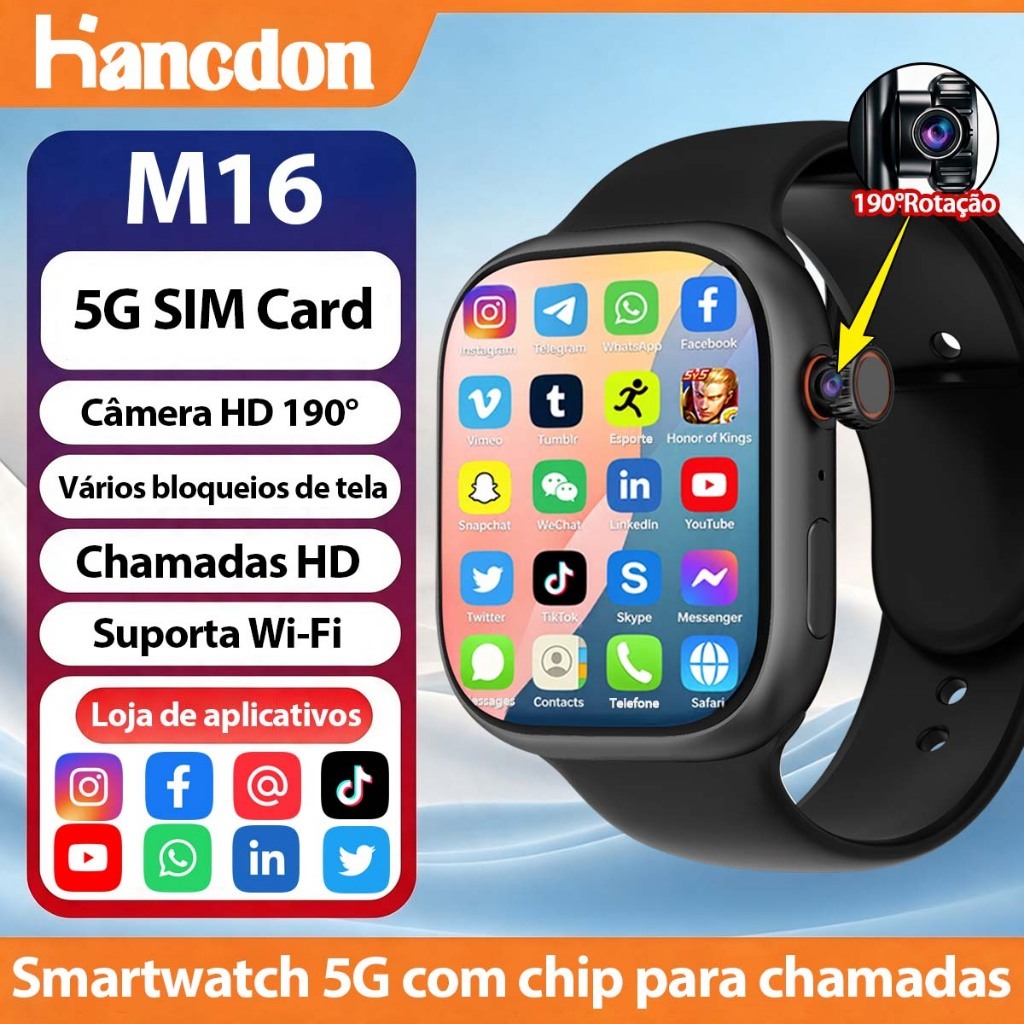 Hancdon Smartwatch 5G com chip para chamadas HD 2.02‘’AMOLED tela Relógio inteligente ios/Android Suporta Wi-Fi 4GB+64GB