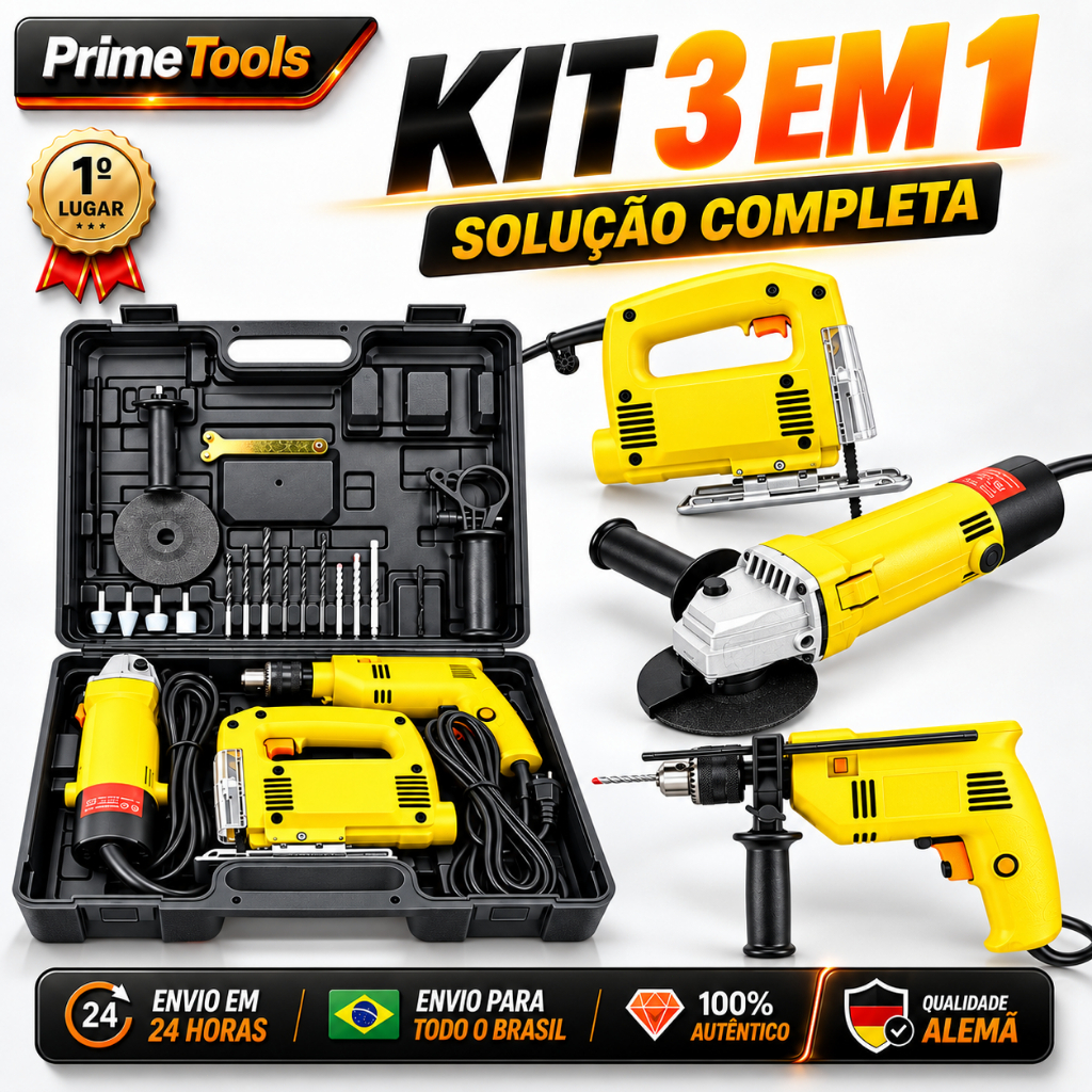 Kit Ferramentas 3 em 1 Furadeira de Impacto 1100W + Esmerilhadeira 1200W + Serra Tico-Tico 950W com Maleta