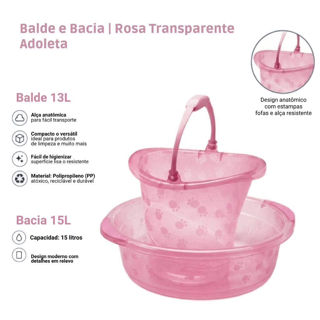 Kit Banho Infantil Adoleta Bacia 15L e Balde 13L | Rosa Translúcido | Prático e Resistente