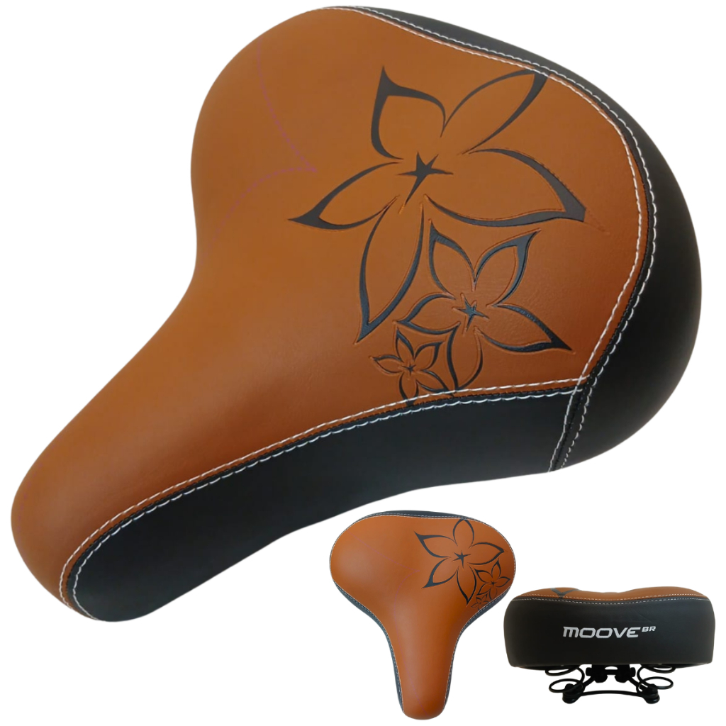 Selim de Bicicleta Largo com 2 Molas Estampado de Flores Banco Bike Confortável Moove Preto/Marrom