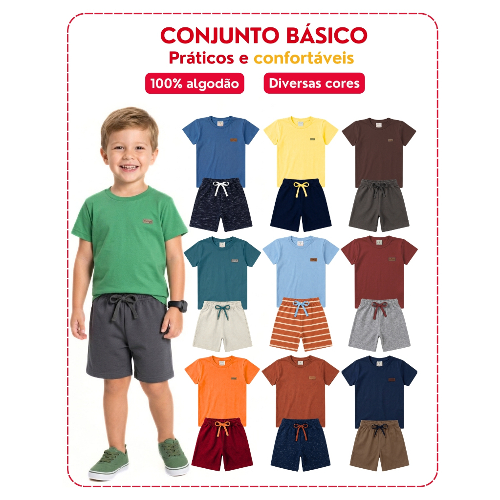 Kit 10 Peças Roupa Básica Infantil Menino Verão Conjunto Liso Masculino - Tamanho 1 ao 14 · foto 2