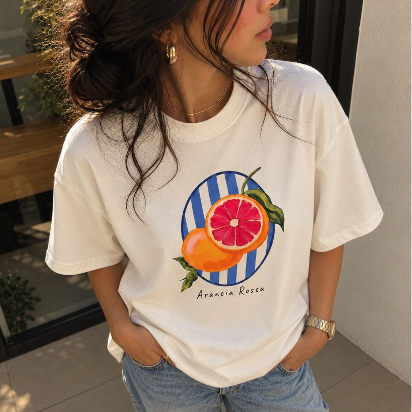 Camiseta Camisa Oversized Estampada Blusa T-shirt Feminina 100% Algodão Estilosas Confortável Arancia Rossa