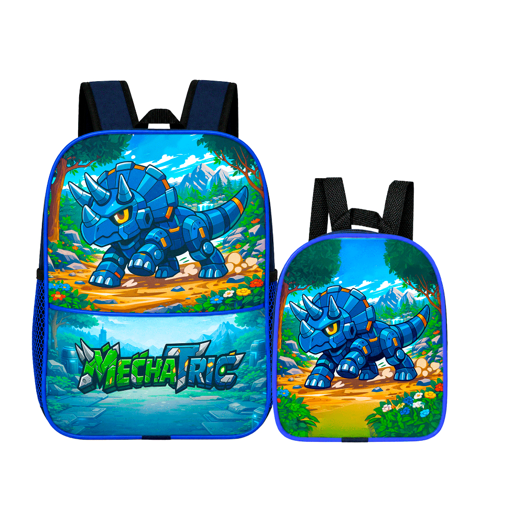 Kit Mochila Escolar de Costa Infantil Pequena Menino Dinossauro Mecha Tric + Lancheira Térmica Resistente Reforçada