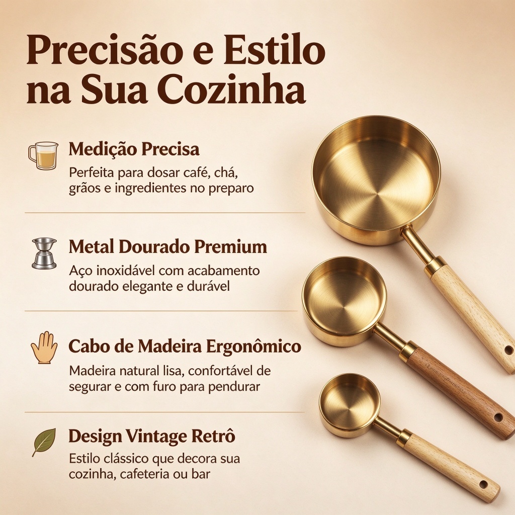Kit 4 Colheres Medidoras de Metal Dourado com Cabo de Madeira  Medidas Precisas e Design Sofisticado