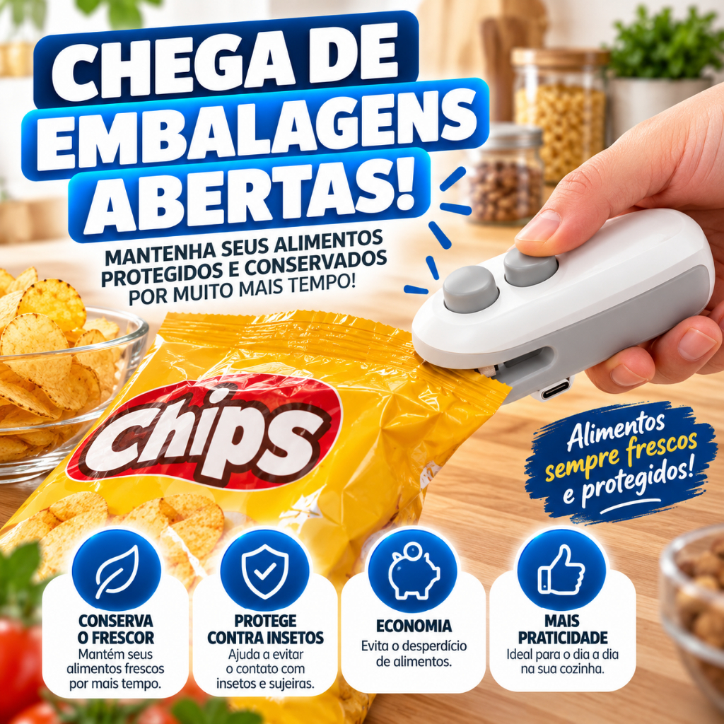 Mini Seladora Portátil de Embalagens e Sacos Plásticos Recarregável USB para Cozinha Alimentos