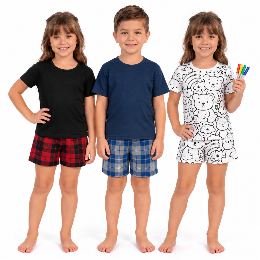 Pijama Infantil Básico Unissex Menino Menina/ Conjunto Shorts e Camiseta Pinte, Lave e Pinte Novamente